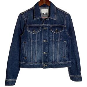 Current/Elliott Baby Trucker Jacket Denim Distressed Dark Blue Wash Cropped 2